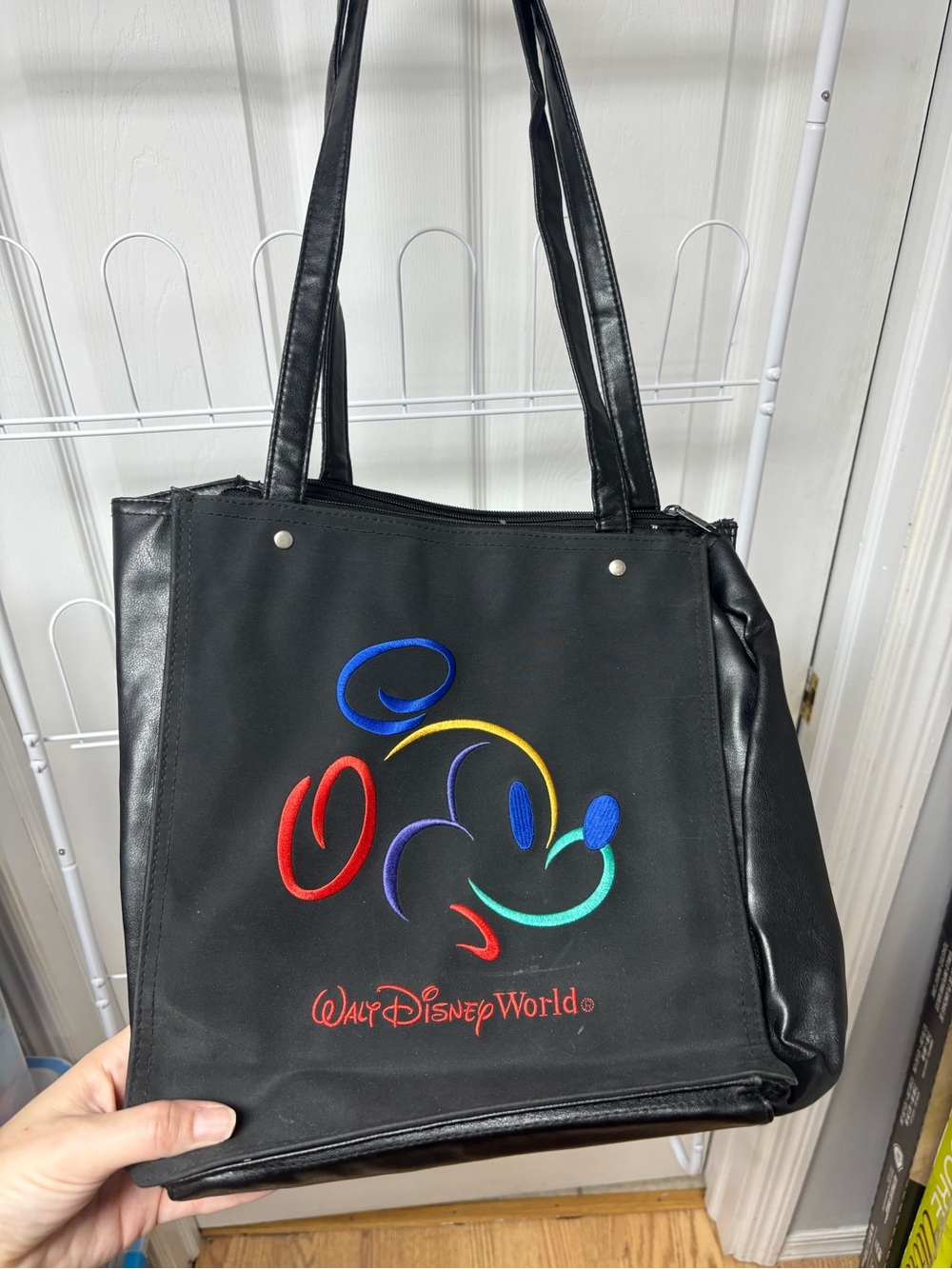 VTG 90s Walt Disney World Embroidered Abstract Mickey Mouse Black Tote Bag